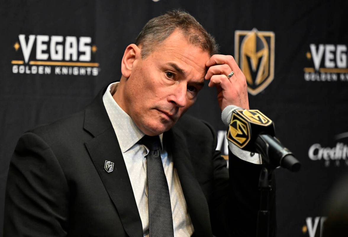 Vegas Golden Knights coach Bruce Cassidy speaks at a news conference after an NHL hockey game a ...