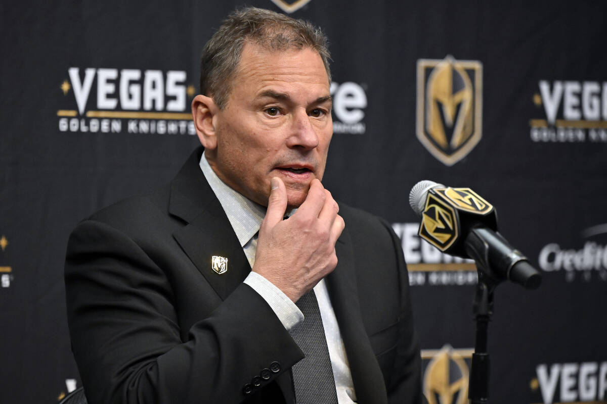 Vegas Golden Knights coach Bruce Cassidy speaks at a news conference after an NHL hockey game a ...