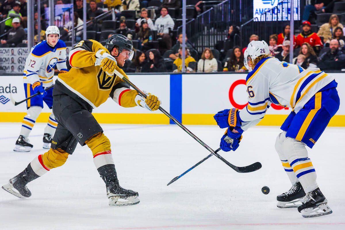 Golden Knights left wing Pavel Dorofeyev (16) attempts a goal during an NHL hockey game between ...