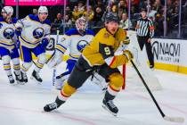 Golden Knights center Jack Eichel (9) speeds towards the puck during an NHL hockey game between ...