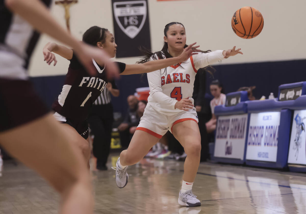 Bishop Gorman's Anna Barragan (4) throws a pass under pressure from Faith Lutheran's Jasmyn Jac ...