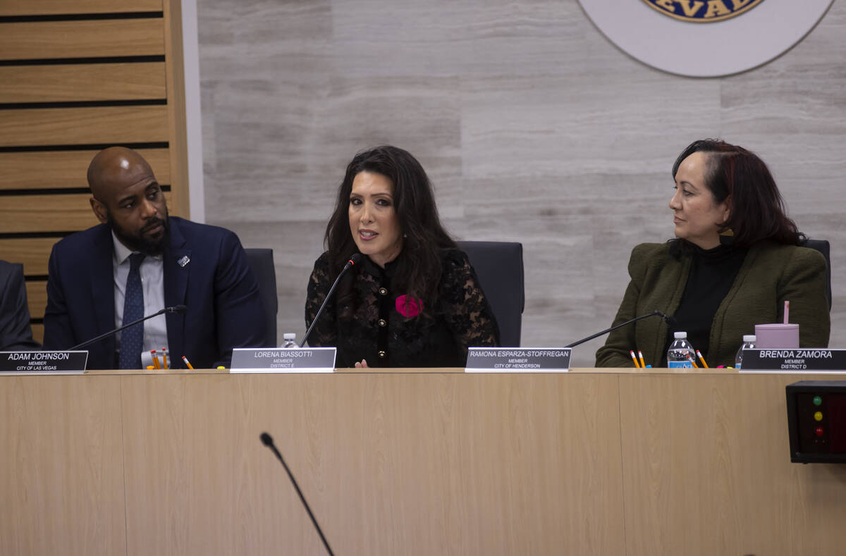 New Clark County School Board trustee Lorena Biassotti speaks during a school board meeting Mon ...