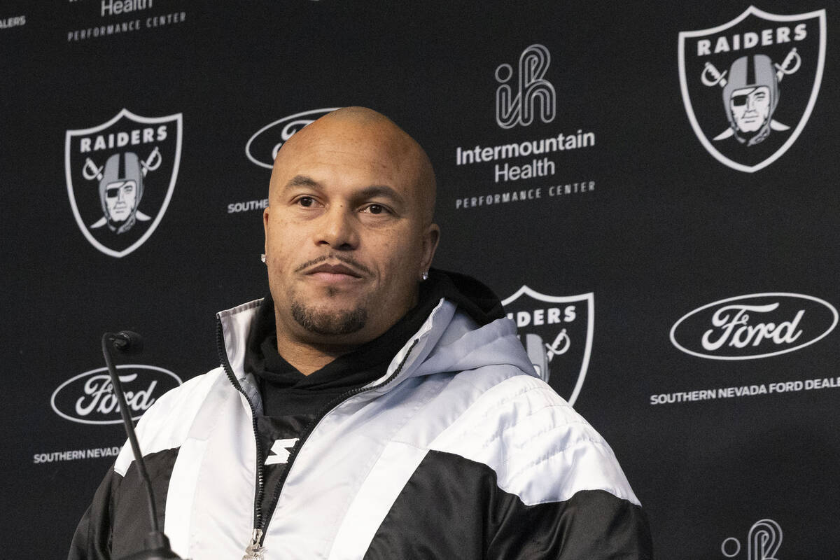 Raiders head coach Antonio Pierce addresses the media during a news conference at the Intermoun ...