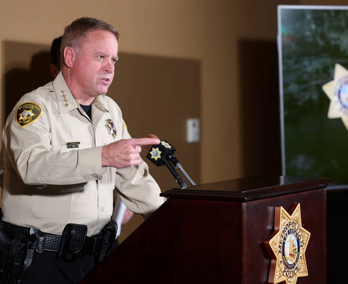 Sheriff Kevin McMahill talks to the news media at Metropolitan Police Department headquarters i ...