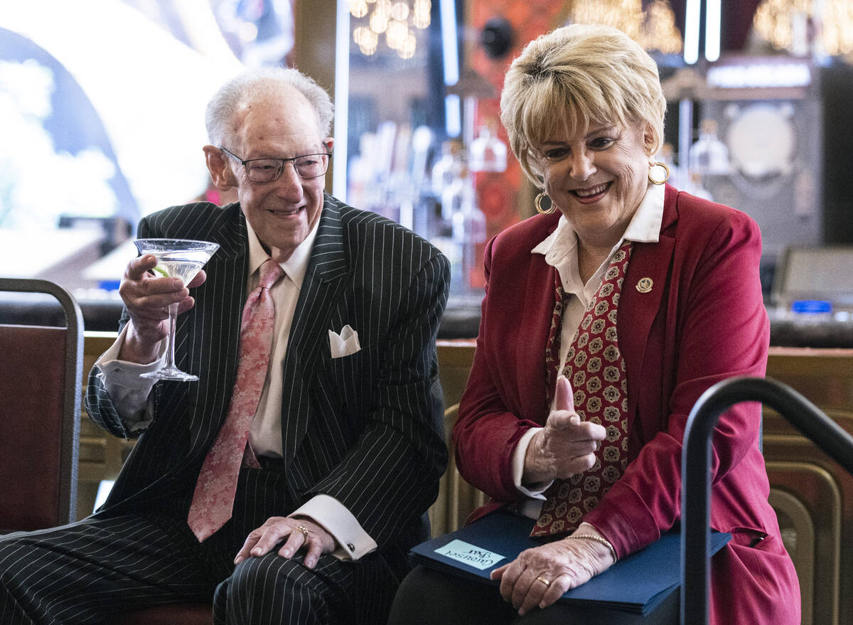 Former Mayor Oscar Goodman and his wife Mayor Carolyn Goodman react on the stage prior to a rib ...