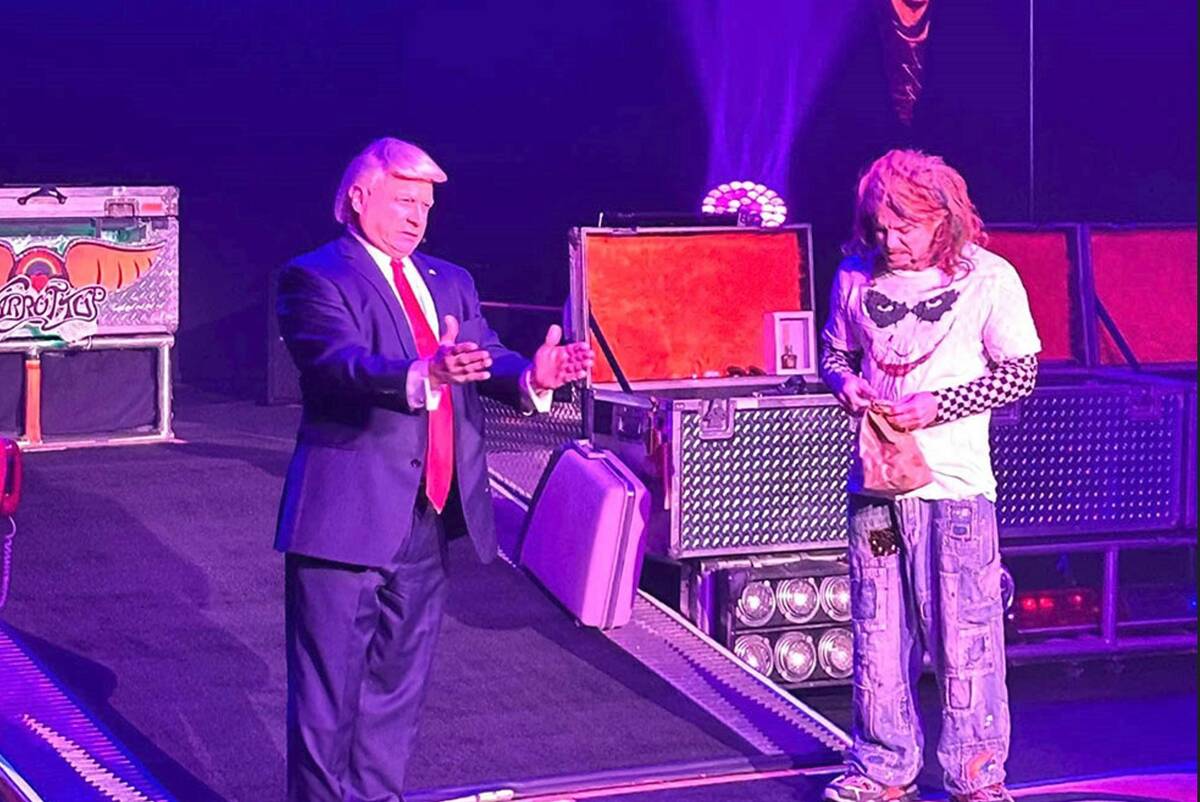 John Di Domenico as Donald Trump pops into Carrot Top's show on Election Night at Luxor on the ...