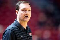 UNLV head coach Kevin Kruger questions a referee during the first half of the college basketbal ...