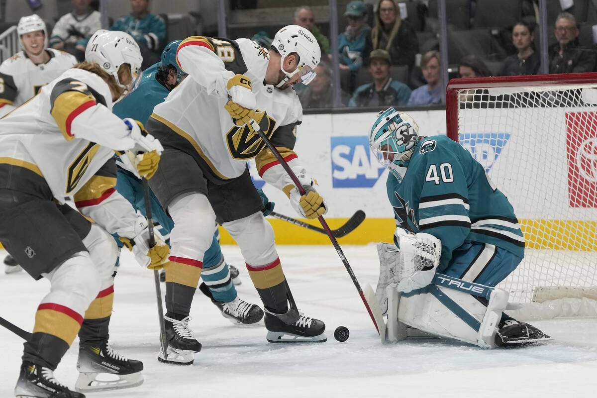 San Jose Sharks goaltender Alexandar Georgiev (40) defends against a shot by Vegas Golden Knigh ...