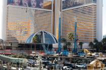 Partially dismantled glass atrium is seen as demolition continues at the Mirage, on Tuesday, Ja ...