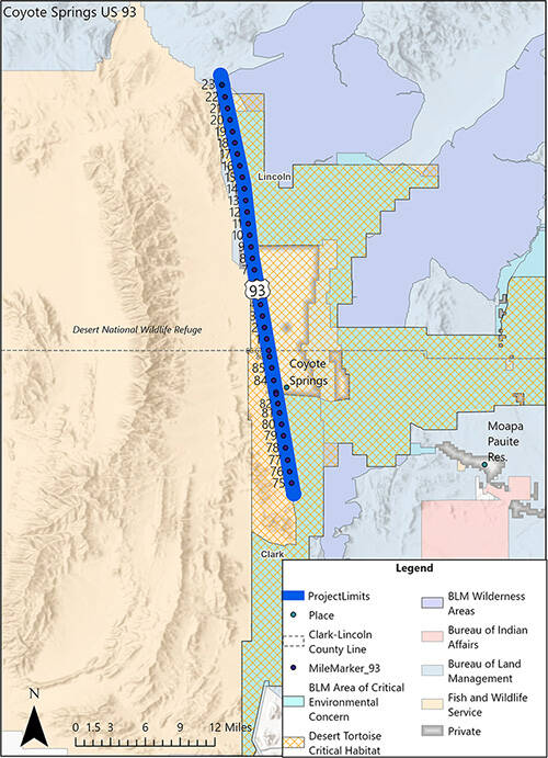 A map depicts a 34-mile stretch that will soon have fences and wildlife crossings for desert to ...