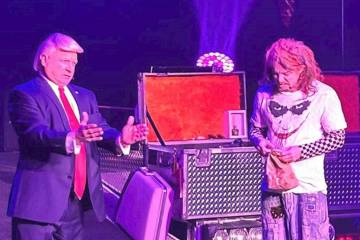 John Di Domenico as Donald Trump pops into Carrot Top's show on Election Night at Luxor on the ...