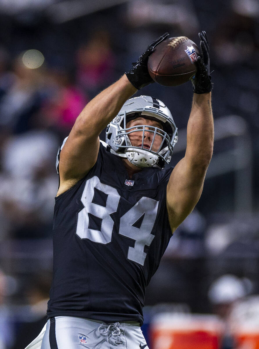 Raiders tight end Harrison Bryant (84) catches a pass as they face the Dallas Cowboys for their ...