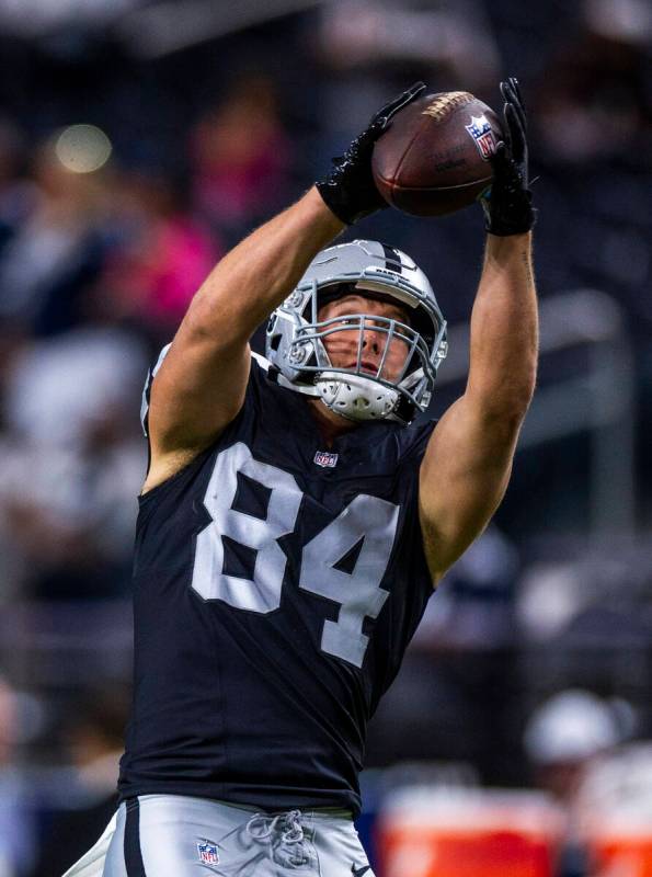 Raiders tight end Harrison Bryant (84) catches a pass as they face the Dallas Cowboys for their ...