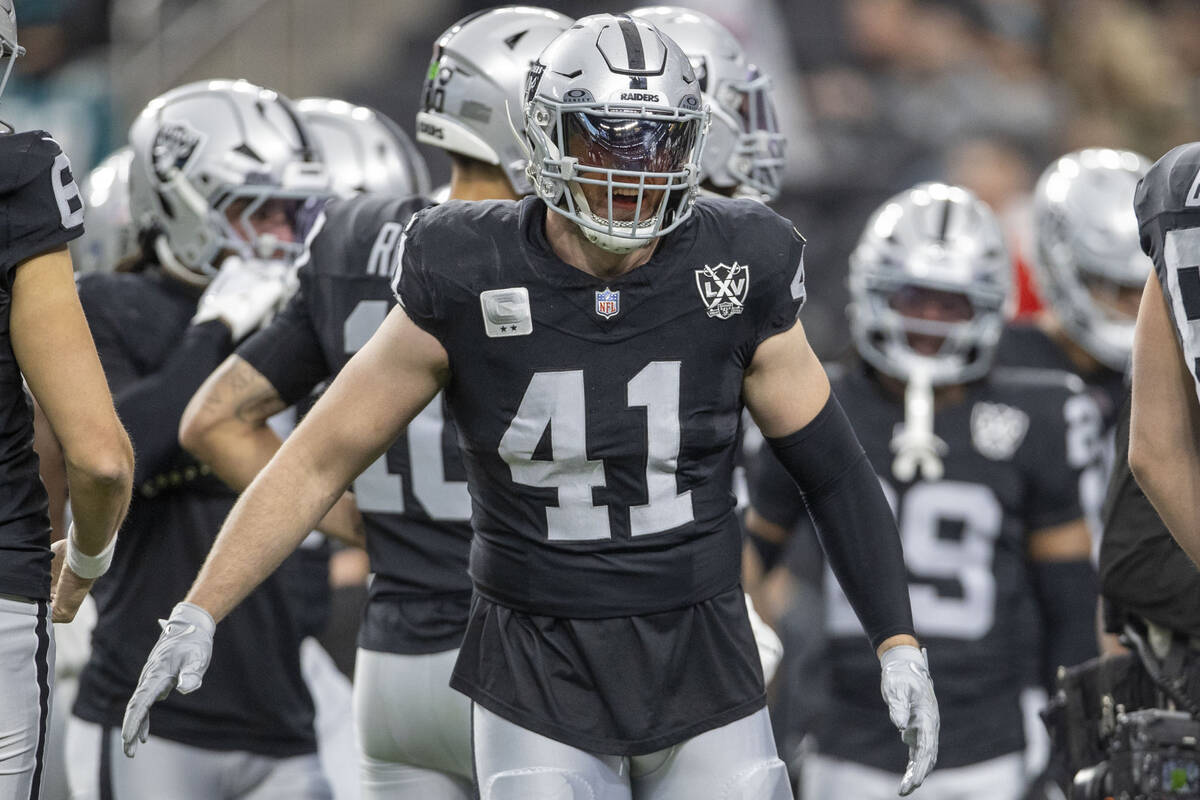 Raiders linebacker Robert Spillane (41) gets hyped up before an NFL game against the Jacksonvil ...