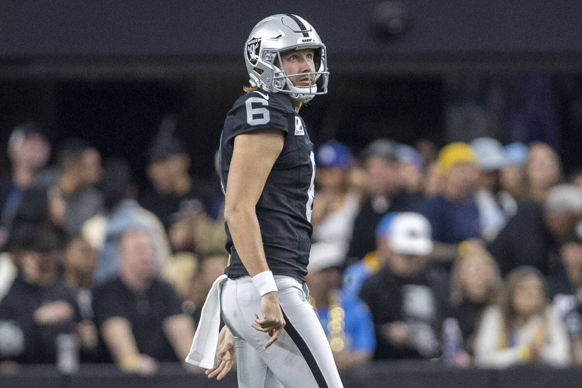 Raiders punter AJ Cole (6) watches his punt after kicking against the Los Angeles Chargers dur ...