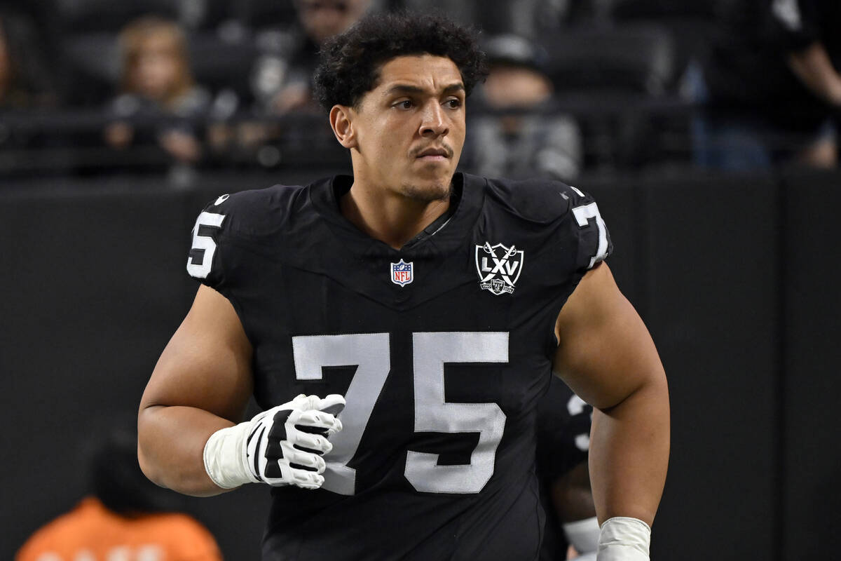 Las Vegas Raiders guard Andrus Peat (75) looks on during an NFL football game against the Jacks ...