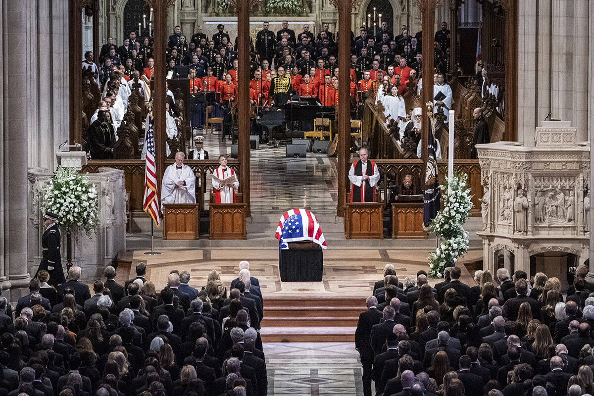 The casket of former President Jimmy Carter is pictured during a state funeral at the National ...