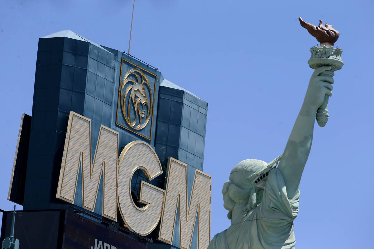 The Statue of Liberty at New York New York and MGM Grand marquee on the Strip in Las Vegas Thur ...