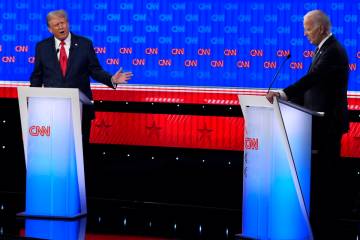 President Joe Biden, right, and Donald Trump, left, participate in a presidential debate hosted ...