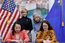 U.S. Congresswomen Susie Lee, left, and Dina Titus watch as Bureau of Reclamation Commissioner ...