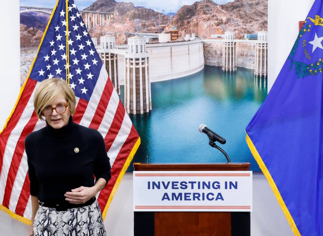 U.S. Rep. Susie Lee leaves the lectern after announcing $60 million in federal funding via the ...