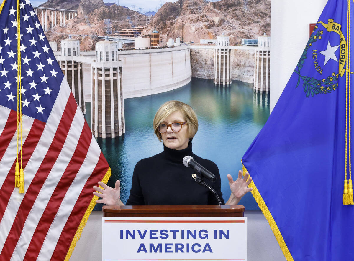 U.S. Rep. Susie Lee speaks during a news conference to announce $60 million in federal funding ...