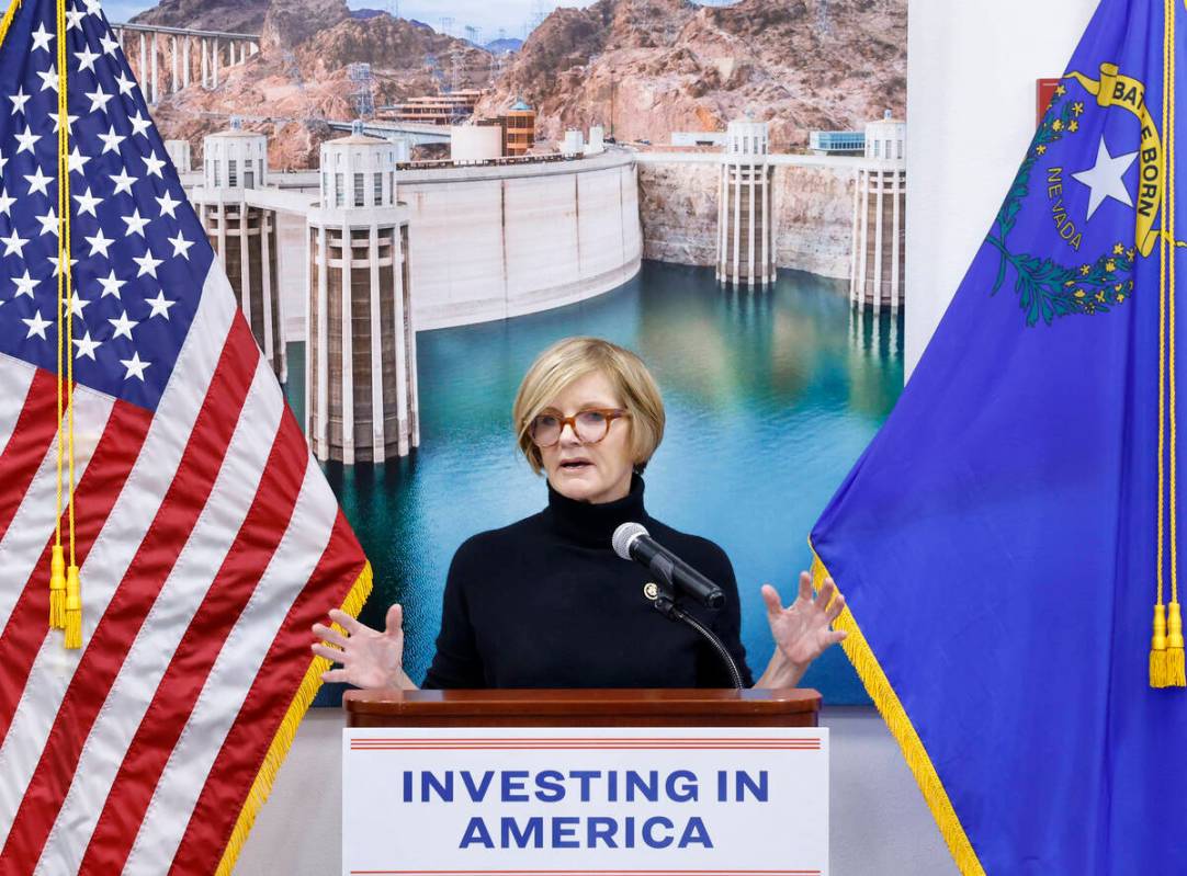 U.S. Rep. Susie Lee speaks during a news conference to announce $60 million in federal funding ...