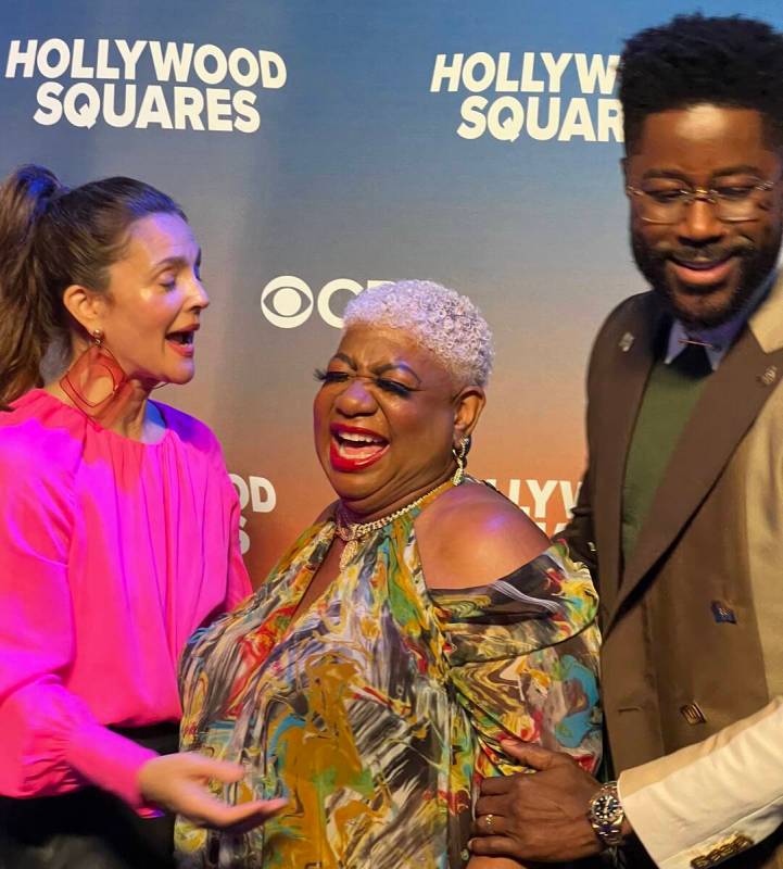 Drew Barrymore and Nate Burleson joke with Las Vegas headlining comic Luenell on the set of "Th ...