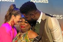 Drew Barrymore and Nate Burleson joke with Las Vegas headlining comic Luenell on the set of "Th ...