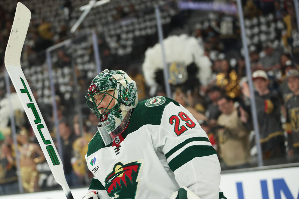 Wild goaltender Marc-Andre Fleury (29) skates during warmups before an NHL hockey game against ...