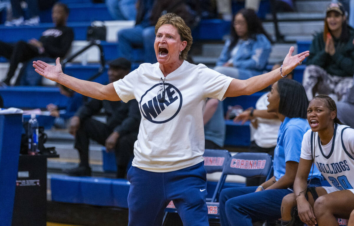 Centennial head coach Karen Weitz reacts to the lack of a foul call on her player against Bisho ...