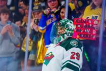 Minnesota Wild goaltender Marc-Andre Fleury (29) receives cheers from fans as he takes to the i ...