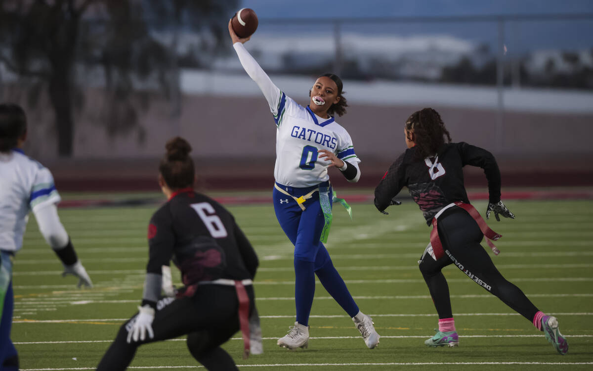 Green Valley quarterback Janae Peebles (0) throws a pass during a flag football game at Desert ...