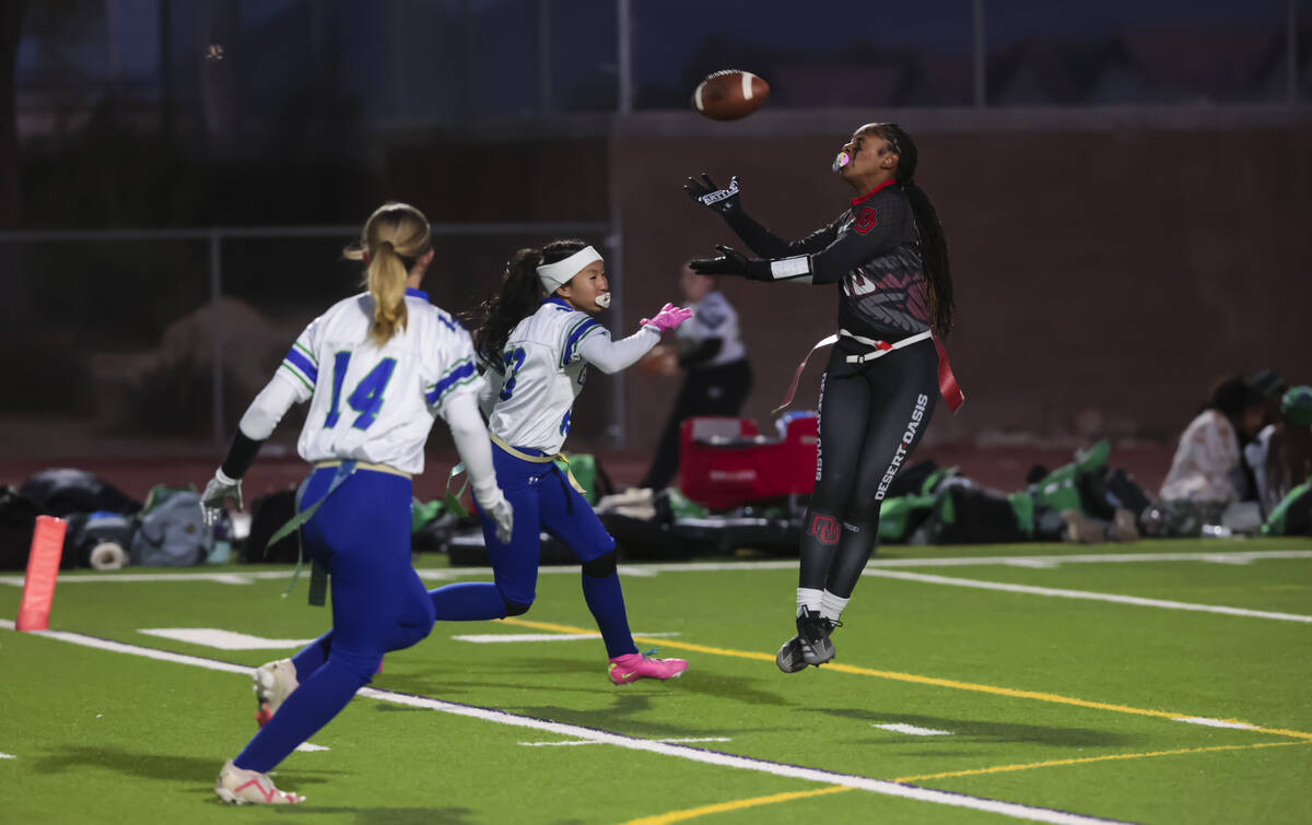 Desert Oasis' Anjali Spalding-Hyles (10) jumps to make the touchdown catch against Green Valley ...