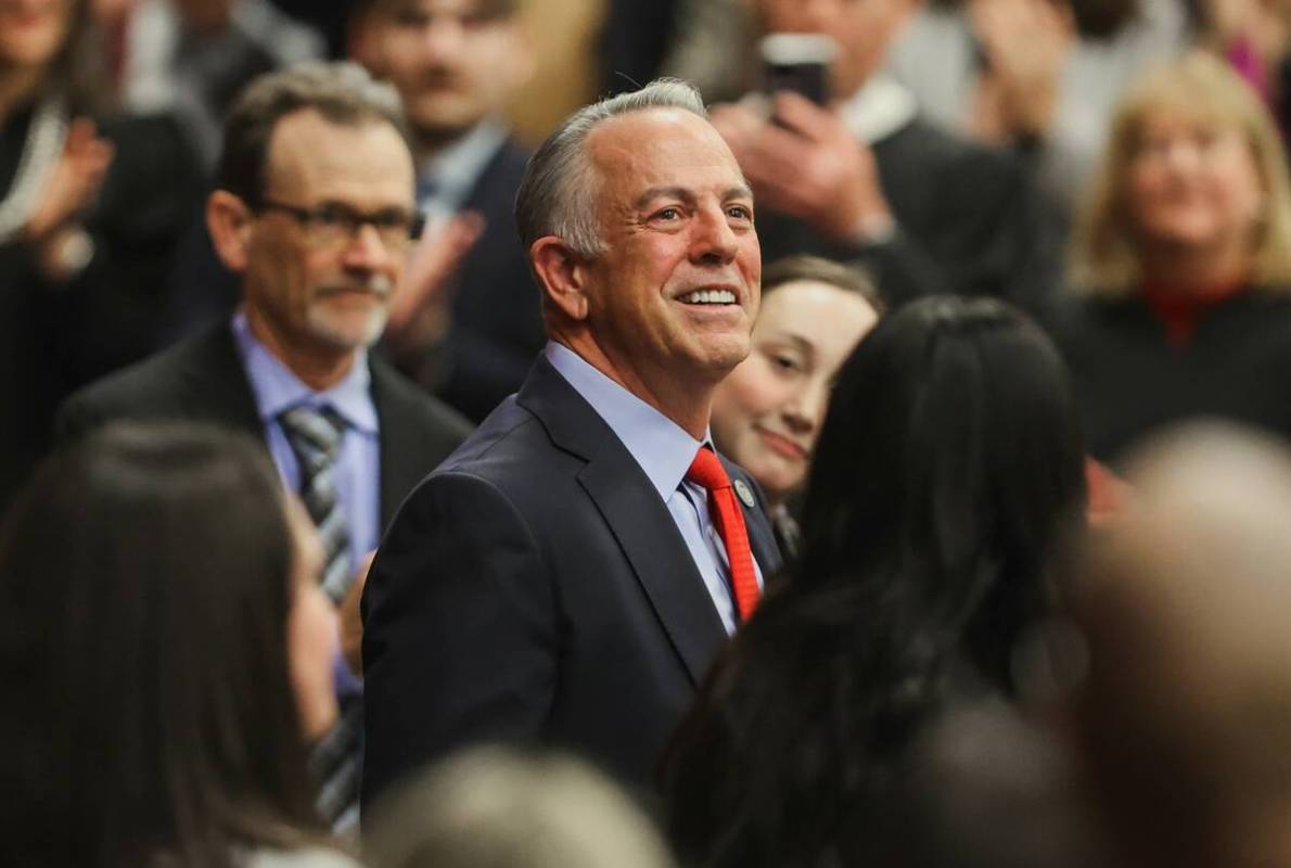 Nevada Governor Joe Lombardo arrives in Nevada Senate chambers before delivering his State of t ...