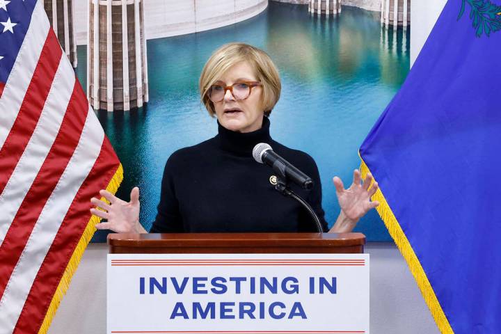 Congresswomen Susie Lee speaks during a press conference on Friday. Jan. 10, 2025, in Las Vegas ...