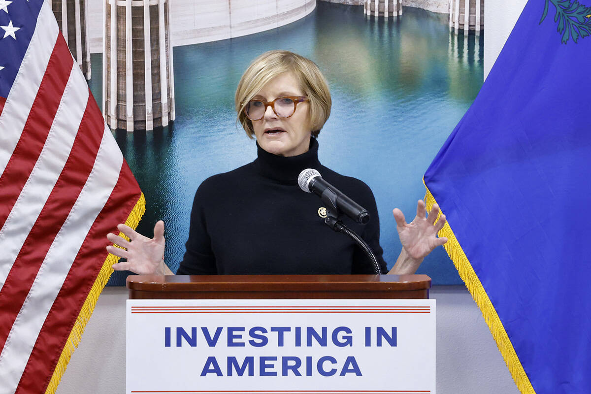 Congresswomen Susie Lee speaks during a press conference on Friday. Jan. 10, 2025, in Las Vegas ...