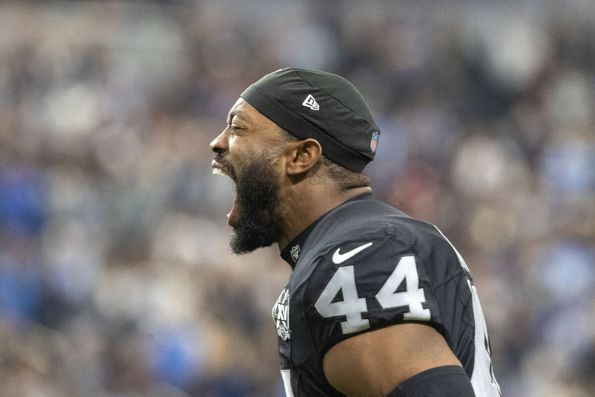 Raiders defensive end K'Lavon Chaisson (44) yells before an NFL game against the Los Angeles Ch ...