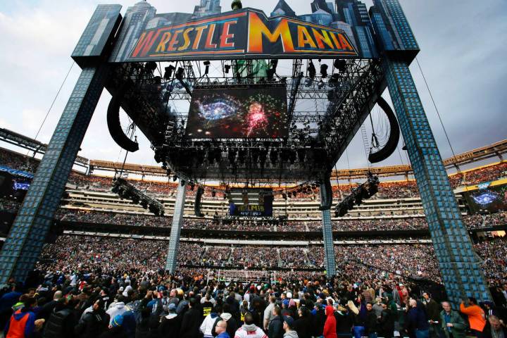 A huge tower is seen Sunday, April 7, 2013, in East Rutherford, N.J., during the WWE WrestleMan ...