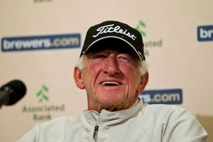 FILE - This April 30, 2010, file photo shows Milwaukee Brewers radio announcer Bob Uecker durin ...