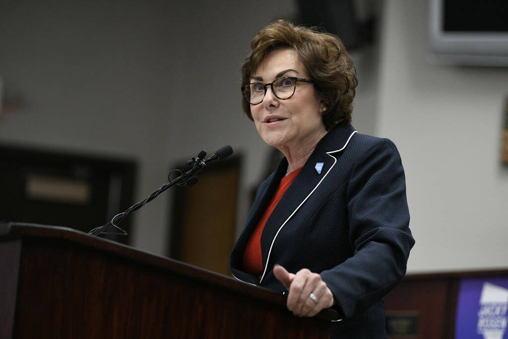 Sen. Jacky Rosen, D-Nev., delivers remarks after winning re-election on Nov. 9, 2024, in Las Ve ...