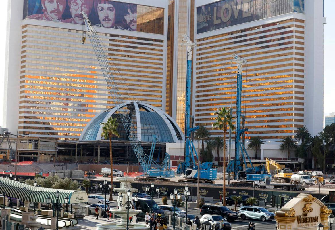 Partially dismantled glass atrium is seen as demolition continues at the Mirage, on Tuesday, Ja ...