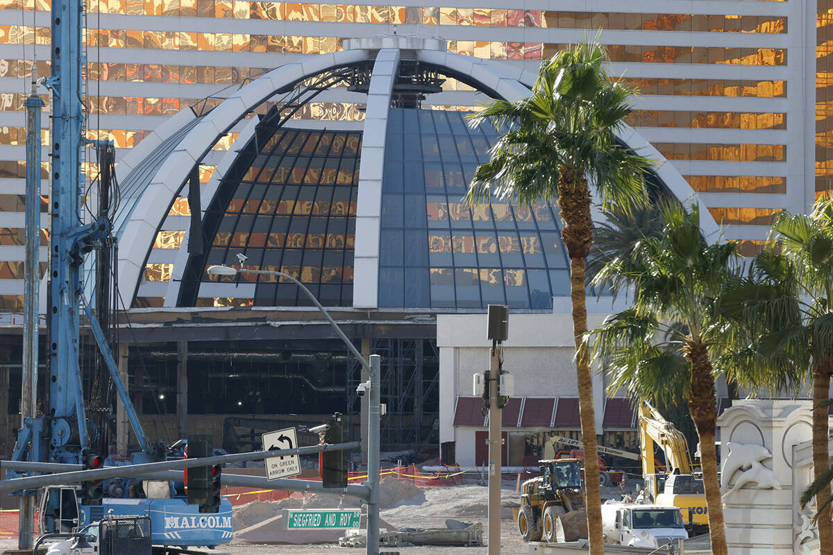 Partially dismantled glass atrium is seen as demolition continues at the Mirage, on Tuesday, Ja ...