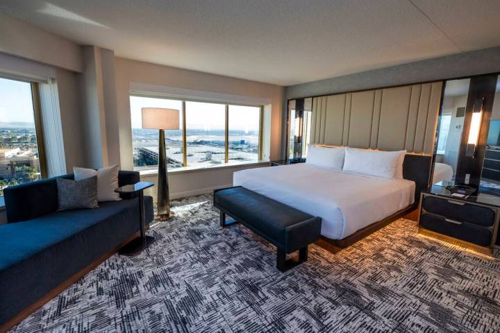 One of two bedrooms with a city view in a new suite as the MGM Grand is undergoing a $300 milli ...