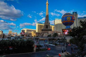 Construction for the Formula 1 Las Vegas Grand Prix takes place on the Strip Nov. 16, 2024, in ...