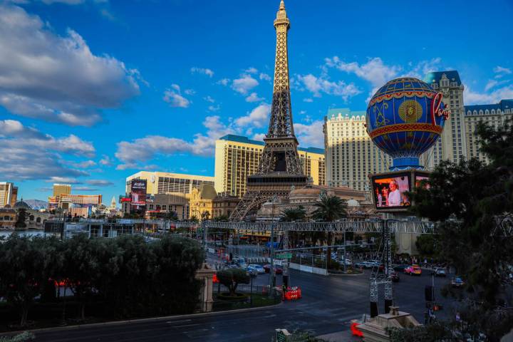 Construction for the Formula 1 Las Vegas Grand Prix takes place on the Strip Nov. 16, 2024, in ...