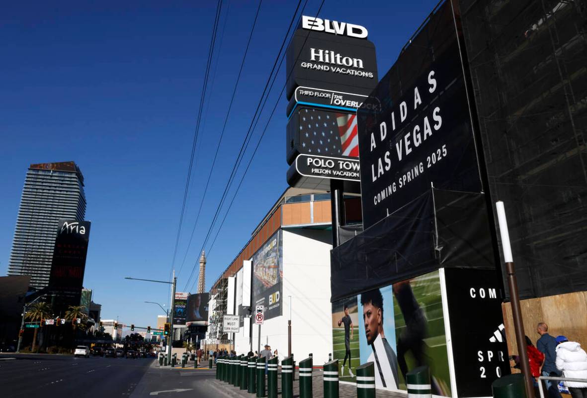 Pedestrians walk past the new BLVD property on the Strip, on Thursday, Jan. 16, 2025, in Las Ve ...