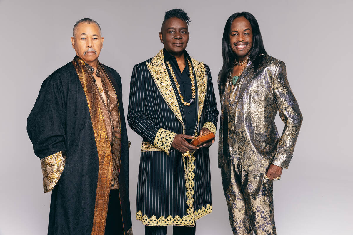 Ralph Johnson, Philip Bailey and Verdine White of the R&B band Earth Wind & Fire are shown in a ...