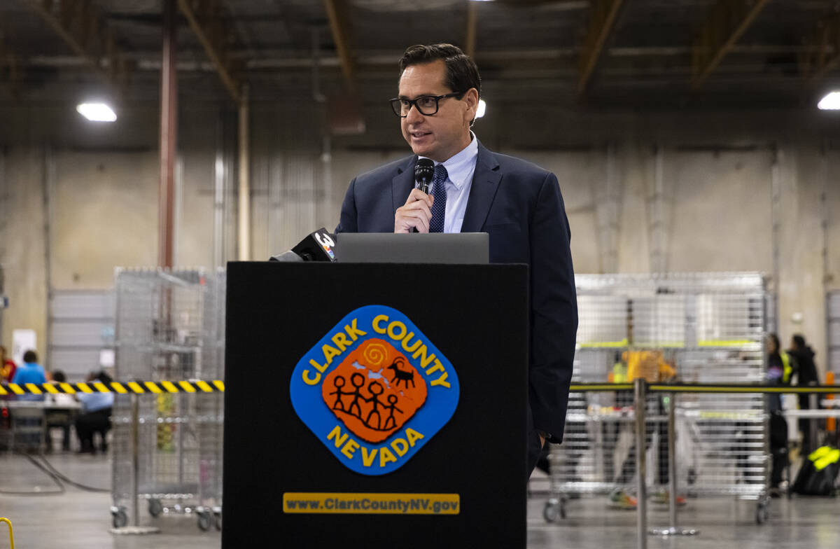 Nevada Secretary of State Cisco Aguilar speaks at the Clark County Election Department warehous ...