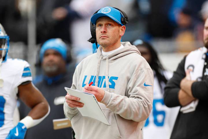 Detroit Lions offensive coordinator Ben Johnson looks on from the sidelines during the first ha ...